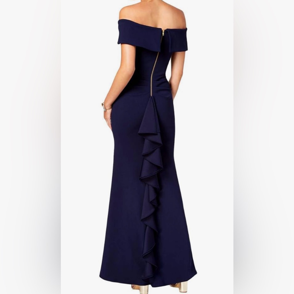 Betsy & Adam Navy Off-Shoulder Prom Dress